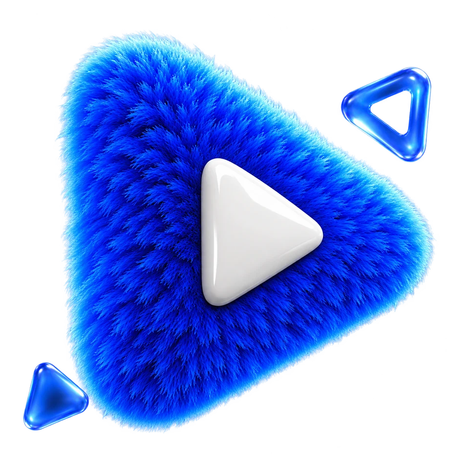 A blue furry play sculpture with a white ceramic play button and floating blue glass triangles